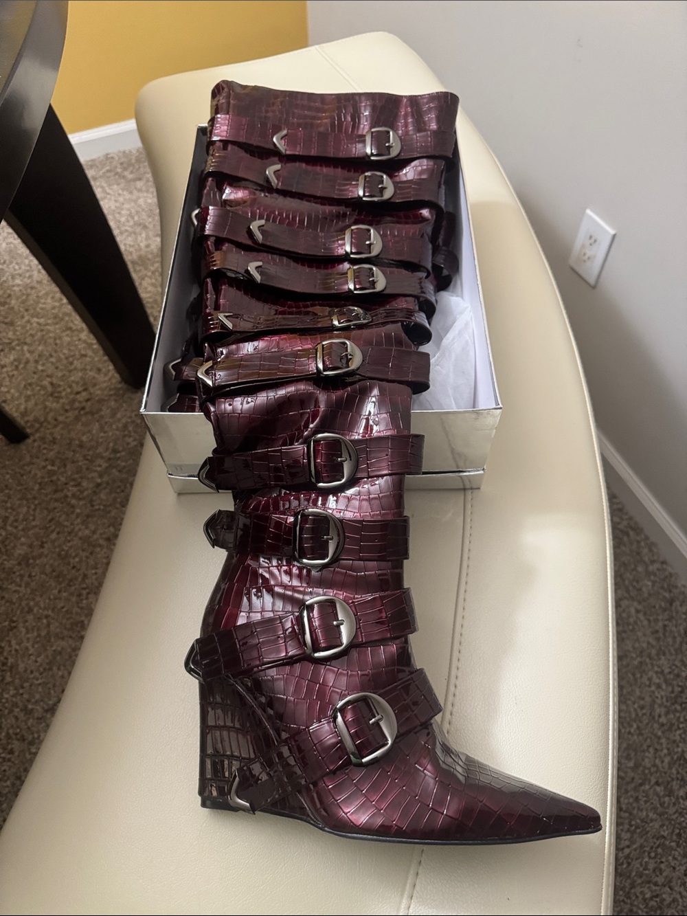 Croc-Embossed Buckle Wedge Boots - Burgundy